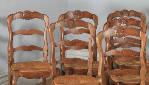 fig 1. Antique Set of 10 Ten French Louis XV Style Oak Ladder Back Kitchen Dining Chairs (Circa 1910)