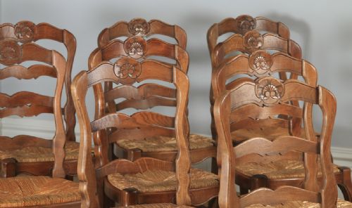 fig 2. Antique Set of 10 Ten French Louis XV Style Oak Ladder Back Kitchen Dining Chairs (Circa 1910)