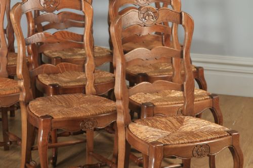 fig 4. Antique Set of 10 Ten French Louis XV Style Oak Ladder Back Kitchen Dining Chairs (Circa 1910)