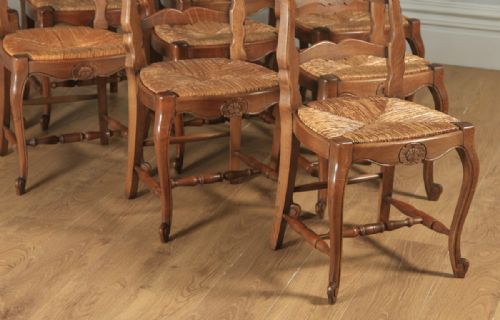 fig 6. Antique Set of 10 Ten French Louis XV Style Oak Ladder Back Kitchen Dining Chairs (Circa 1910)