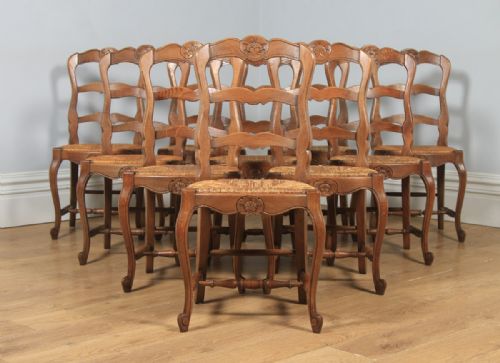 fig 7. Antique Set of 10 Ten French Louis XV Style Oak Ladder Back Kitchen Dining Chairs (Circa 1910)
