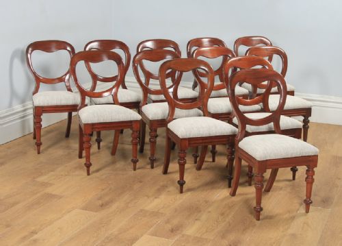 Antique English Victorian Set of 12 Twelve Mahogany Balloon Crown Back Dining Chairs (Circa 1860)