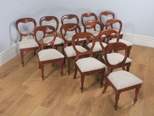 fig 1. Antique English Victorian Set of 12 Twelve Mahogany Balloon Crown Back Dining Chairs (Circa 1860)