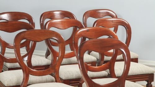 fig 3. Antique English Victorian Set of 12 Twelve Mahogany Balloon Crown Back Dining Chairs (Circa 1860)