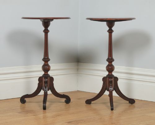 fig 2. Antique English Victorian Pair of Burr Walnut & Birds Eye Maple Occasional Circular Tripod Wine Tables (Circa 1860)