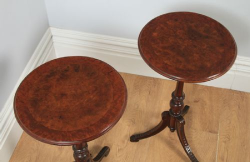 fig 3. Antique English Victorian Pair of Burr Walnut & Birds Eye Maple Occasional Circular Tripod Wine Tables (Circa 1860)