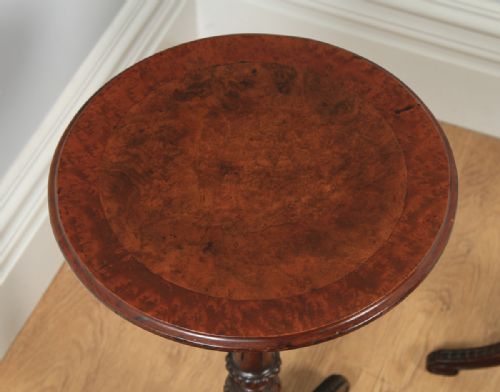 fig 4. Antique English Victorian Pair of Burr Walnut & Birds Eye Maple Occasional Circular Tripod Wine Tables (Circa 1860)