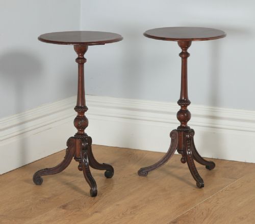 Antique English Victorian Pair of Burr Walnut & Birds Eye Maple Occasional Circular Tripod Wine Tables (Circa 1860)