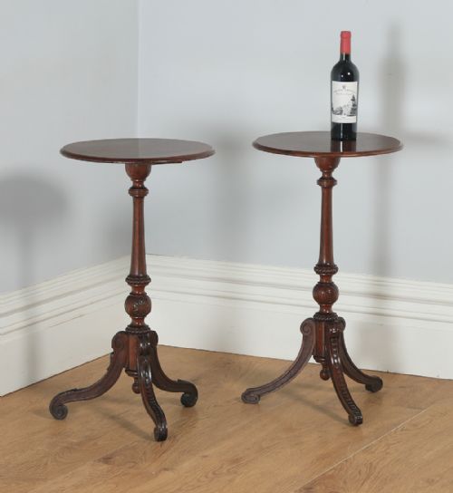 fig 1. Antique English Victorian Pair of Burr Walnut & Birds Eye Maple Occasional Circular Tripod Wine Tables (Circa 1860)