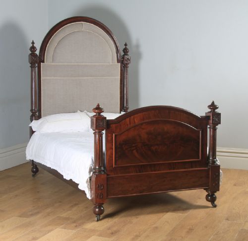 Antique English Victorian Gothic Flame Mahogany 4ft Small Double Half Tester Bed (Circa 1850)