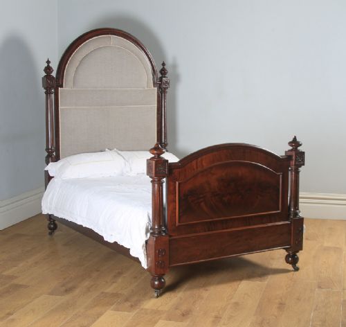 fig 1. Antique English Victorian Gothic Flame Mahogany 4ft Small Double Half Tester Bed (Circa 1850)