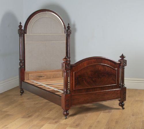 fig 3. Antique English Victorian Gothic Flame Mahogany 4ft Small Double Half Tester Bed (Circa 1850)
