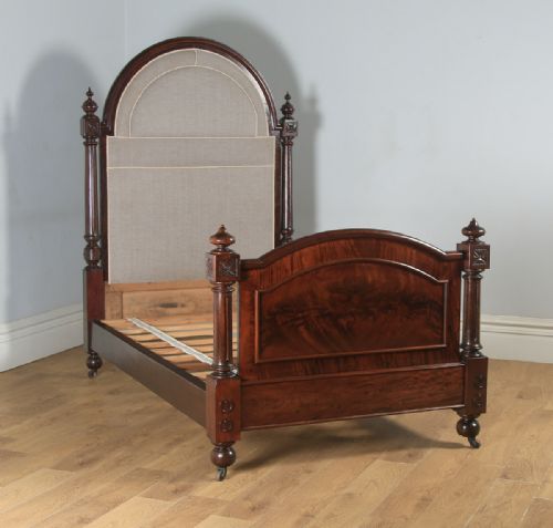 fig 4. Antique English Victorian Gothic Flame Mahogany 4ft Small Double Half Tester Bed (Circa 1850)
