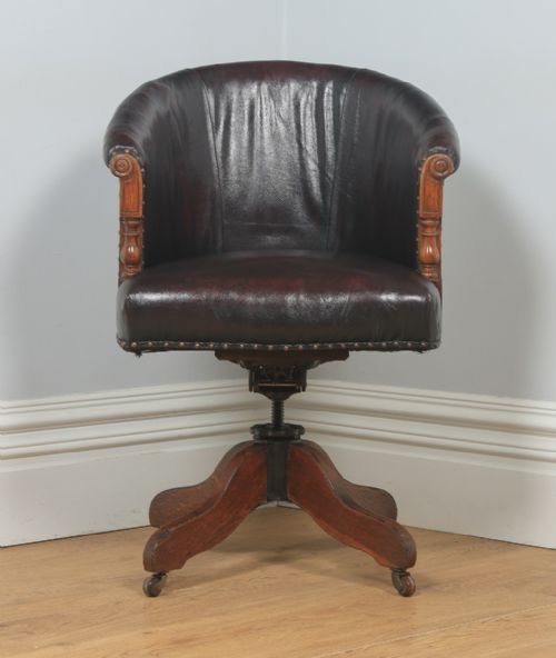 fig 1. Antique English Edwardian Oak & Red Oxblood Leather Style Revolving Adjustable Office Desk Arm Tub Chair (Circa 1910)