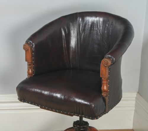 fig 2. Antique English Edwardian Oak & Red Oxblood Leather Style Revolving Adjustable Office Desk Arm Tub Chair (Circa 1910)