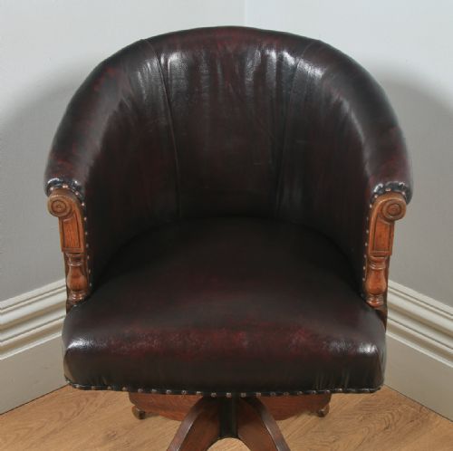 fig 3. Antique English Edwardian Oak & Red Oxblood Leather Style Revolving Adjustable Office Desk Arm Tub Chair (Circa 1910)