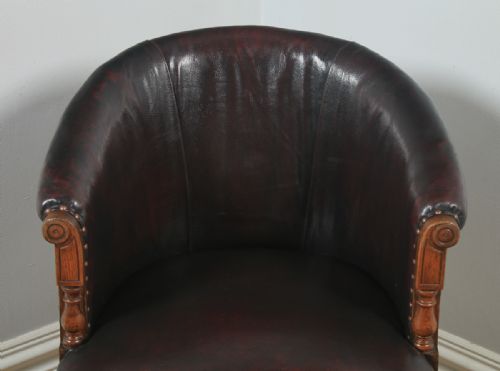 fig 4. Antique English Edwardian Oak & Red Oxblood Leather Style Revolving Adjustable Office Desk Arm Tub Chair (Circa 1910)