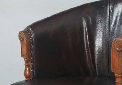 fig 5. Antique English Edwardian Oak & Red Oxblood Leather Style Revolving Adjustable Office Desk Arm Tub Chair (Circa 1910)