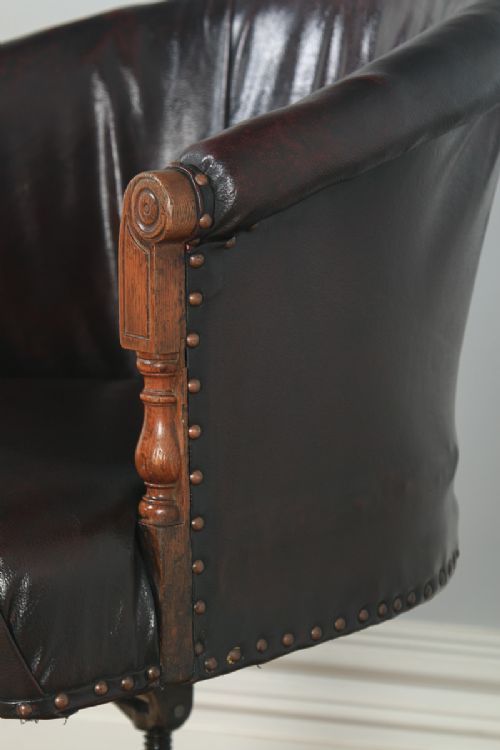 fig 6. Antique English Edwardian Oak & Red Oxblood Leather Style Revolving Adjustable Office Desk Arm Tub Chair (Circa 1910)