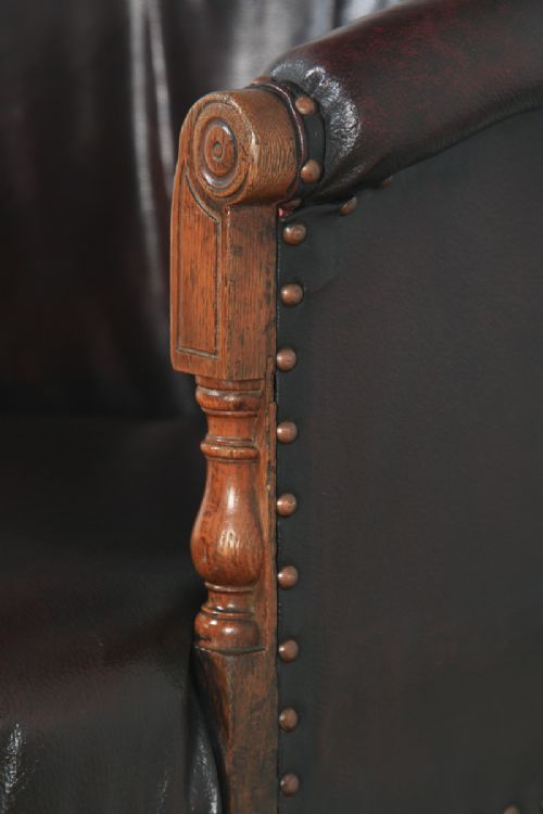fig 7. Antique English Edwardian Oak & Red Oxblood Leather Style Revolving Adjustable Office Desk Arm Tub Chair (Circa 1910)