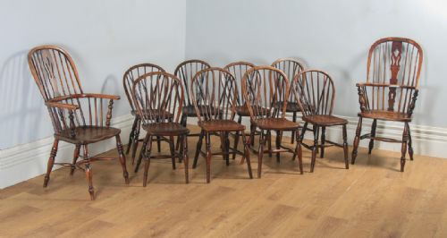 Antique English Set of 10 Ten Victorian Ash, Beech & Elm Windsor Stick & Hoop Back Kitchen Dining Chairs (Circa 1840)
