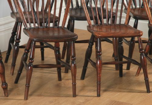 fig 3. Antique English Set of 10 Ten Victorian Ash, Beech & Elm Windsor Stick & Hoop Back Kitchen Dining Chairs (Circa 1840)