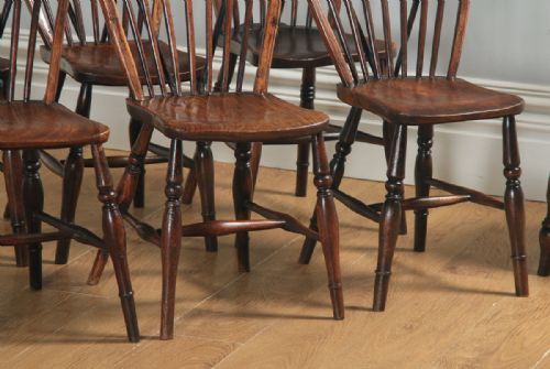 fig 4. Antique English Set of 10 Ten Victorian Ash, Beech & Elm Windsor Stick & Hoop Back Kitchen Dining Chairs (Circa 1840)