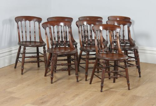 Antique English Set of 8 Eight Victorian Ash & Elm Windsor Spindle Bar Back Kitchen Dining Chairs (Circa 1880)