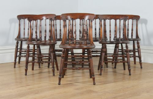 fig 1. Antique English Set of 8 Eight Victorian Ash & Elm Windsor Spindle Bar Back Kitchen Dining Chairs (Circa 1880)