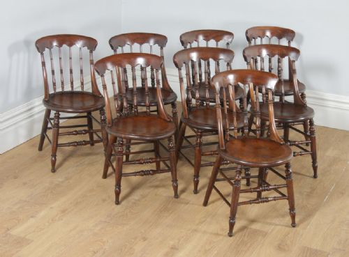 fig 2. Antique English Set of 8 Eight Victorian Ash & Elm Windsor Spindle Bar Back Kitchen Dining Chairs (Circa 1880)