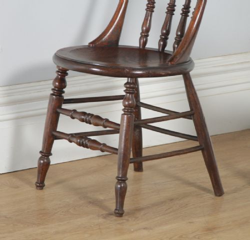 fig 5. Antique English Set of 8 Eight Victorian Ash & Elm Windsor Spindle Bar Back Kitchen Dining Chairs (Circa 1880)