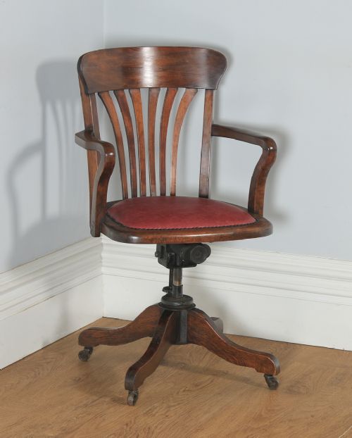 Antique English Edwardian Beech & Oak Red Leather Revolving Office Desk Arm Chair by Simpoles of Manchester (Circa 1910)