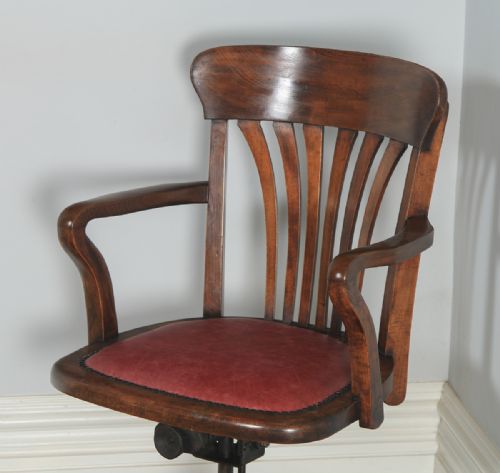 fig 1. Antique English Edwardian Beech & Oak Red Leather Revolving Office Desk Arm Chair By Simpoles of Manchester (Circa 1910)