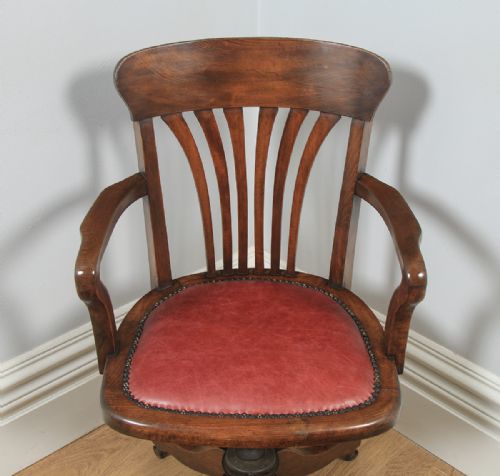 fig 2. Antique English Edwardian Beech & Oak Red Leather Revolving Office Desk Arm Chair By Simpoles of Manchester (Circa 1910)