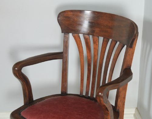 fig 3. Antique English Edwardian Beech & Oak Red Leather Revolving Office Desk Arm Chair By Simpoles of Manchester (Circa 1910)