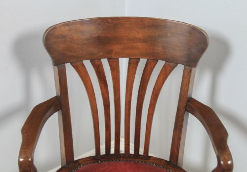 fig 4. Antique English Edwardian Beech & Oak Red Leather Revolving Office Desk Arm Chair By Simpoles of Manchester (Circa 1910)