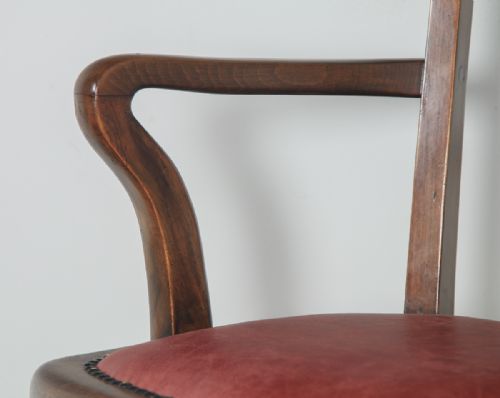 fig 5. Antique English Edwardian Beech & Oak Red Leather Revolving Office Desk Arm Chair By Simpoles of Manchester (Circa 1910)