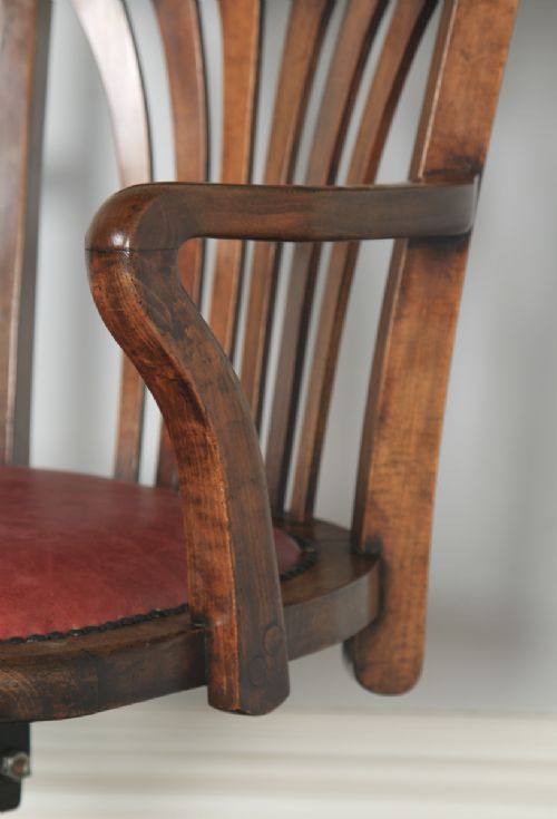 fig 6. Antique English Edwardian Beech & Oak Red Leather Revolving Office Desk Arm Chair By Simpoles of Manchester (Circa 1910)
