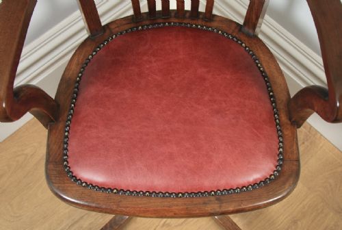 fig 7. Antique English Edwardian Beech & Oak Red Leather Revolving Office Desk Arm Chair By Simpoles of Manchester (Circa 1910)