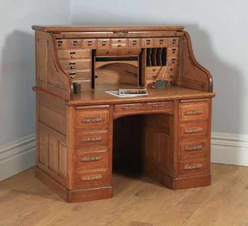 Antique American Edwardian 4ft 2” Oak Roll Top Pedestal Office Writing Desk by Horrocks Standard Company (Circa 1910)