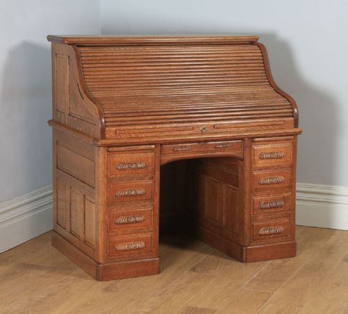 fig 1. Antique American Edwardian 4ft 2” Oak Roll Top Pedestal Office Writing Desk by Horrocks Standard Company (Circa 1910)