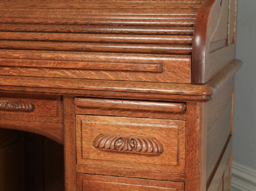 fig 5. Antique American Edwardian 4ft 2” Oak Roll Top Pedestal Office Writing Desk by Horrocks Standard Company (Circa 1910)