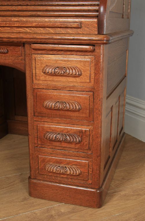 fig 6. Antique American Edwardian 4ft 2” Oak Roll Top Pedestal Office Writing Desk by Horrocks Standard Company (Circa 1910)