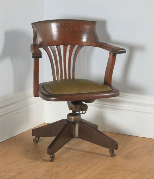 Antique English George V Oak & Green Leather Revolving Office Desk Arm Chair (Circa 1920)