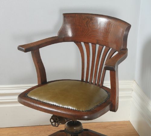 fig 1. Antique English George V Oak & Green Leather Revolving Office Desk Arm Chair (Circa 1920)