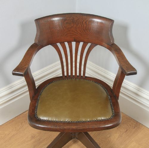 fig 2. Antique English George V Oak & Green Leather Revolving Office Desk Arm Chair (Circa 1920)