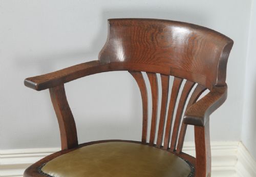 fig 3. Antique English George V Oak & Green Leather Revolving Office Desk Arm Chair (Circa 1920)