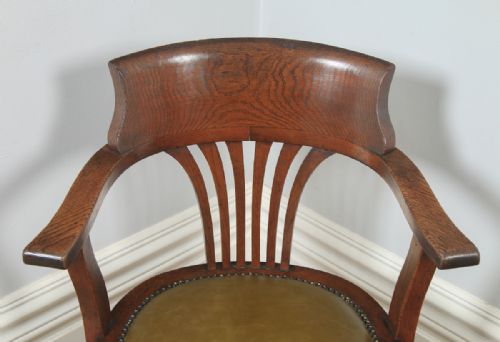 fig 4. Antique English George V Oak & Green Leather Revolving Office Desk Arm Chair (Circa 1920)
