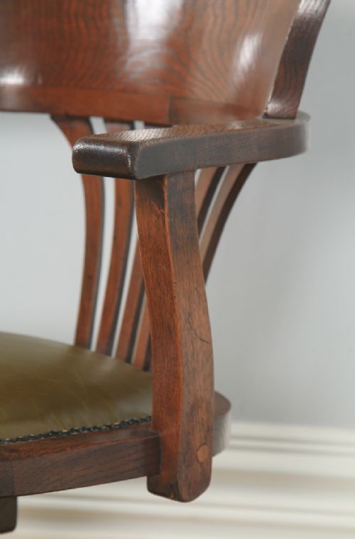 fig 6. Antique English George V Oak & Green Leather Revolving Office Desk Arm Chair (Circa 1920)