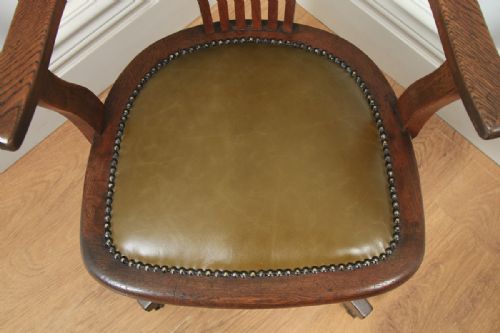 fig 7. Antique English George V Oak & Green Leather Revolving Office Desk Arm Chair (Circa 1920)